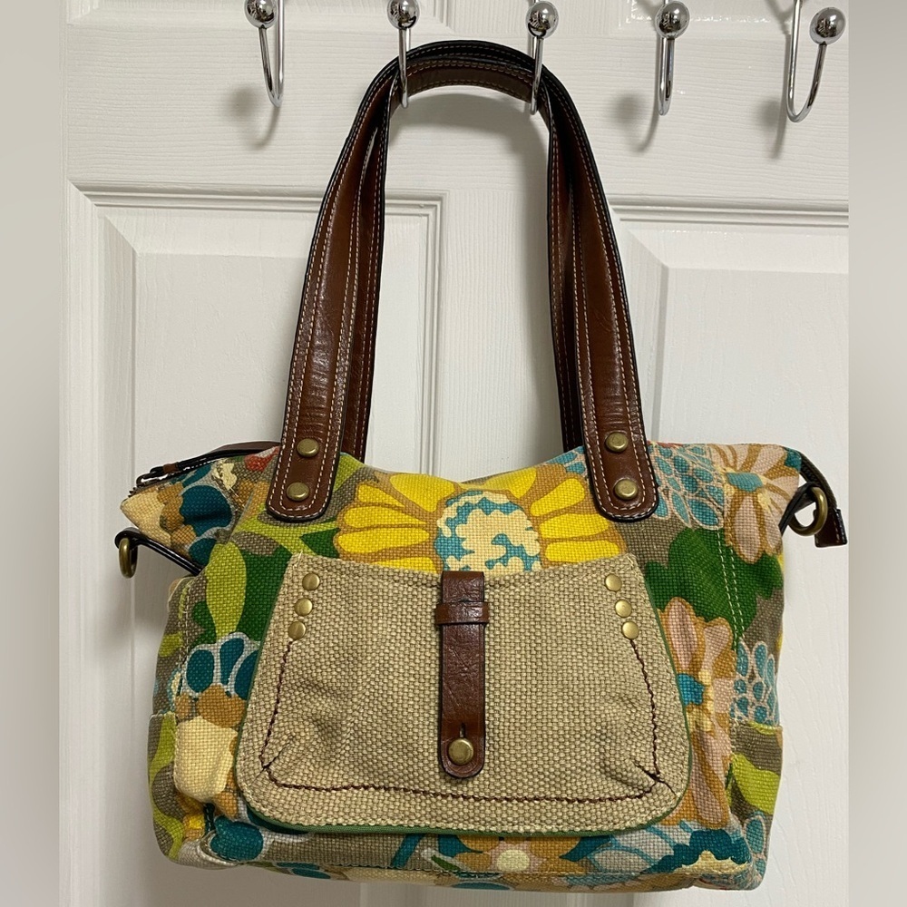 Fossil Vintage Floral  Canvas Tote Bag with Brown Accents